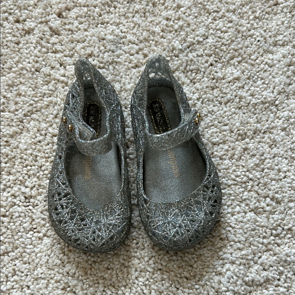 Mini Melissa Girls Silver Glitter Mary Jane Dress Shoes